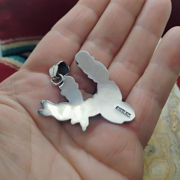 Turquoise & Coral Prickly Pear Cactus Pendant Sterling Silver Southwest Unisex - Picture 5 of 7